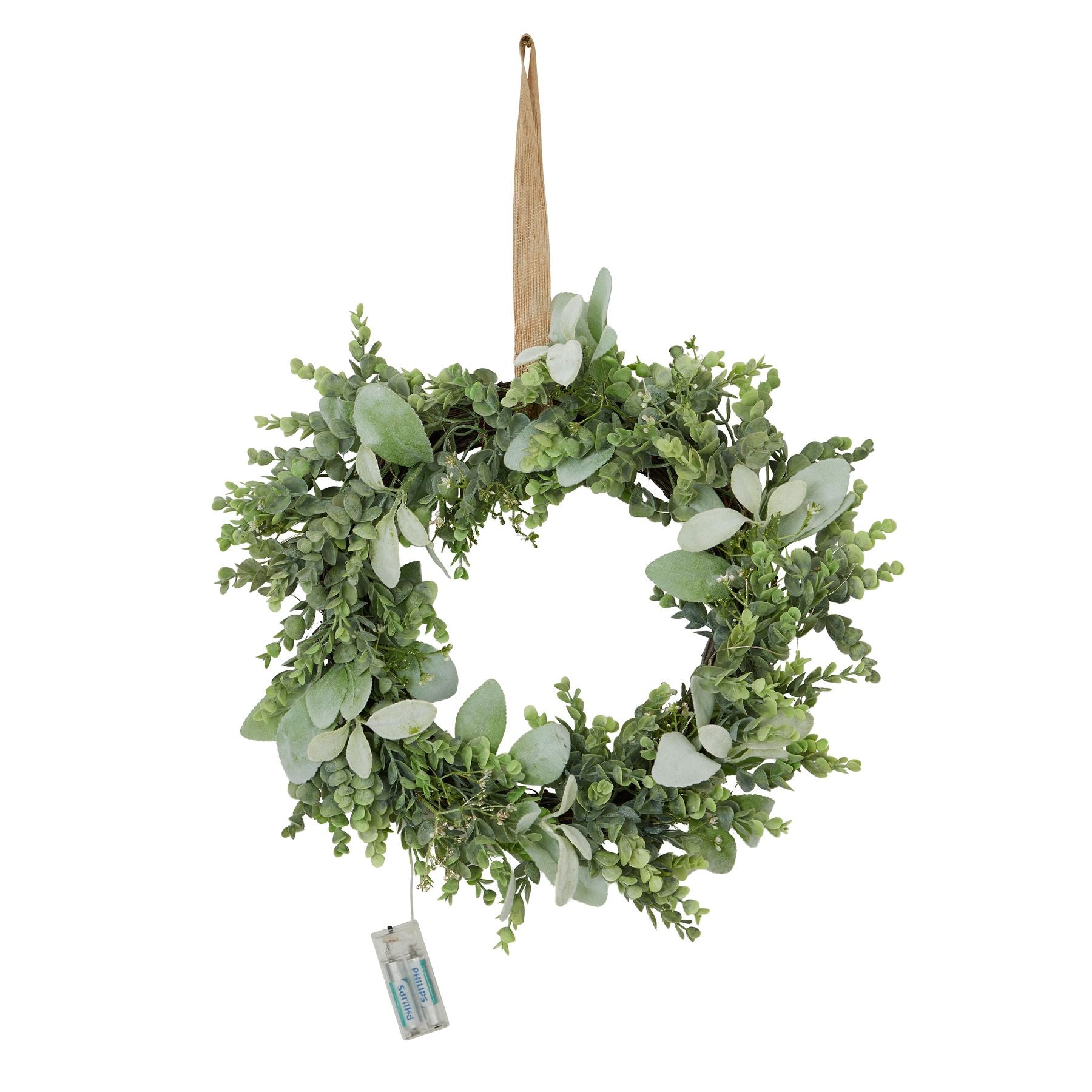 LED Winter Wreath with Eucalyptus & Lamb’s Ear