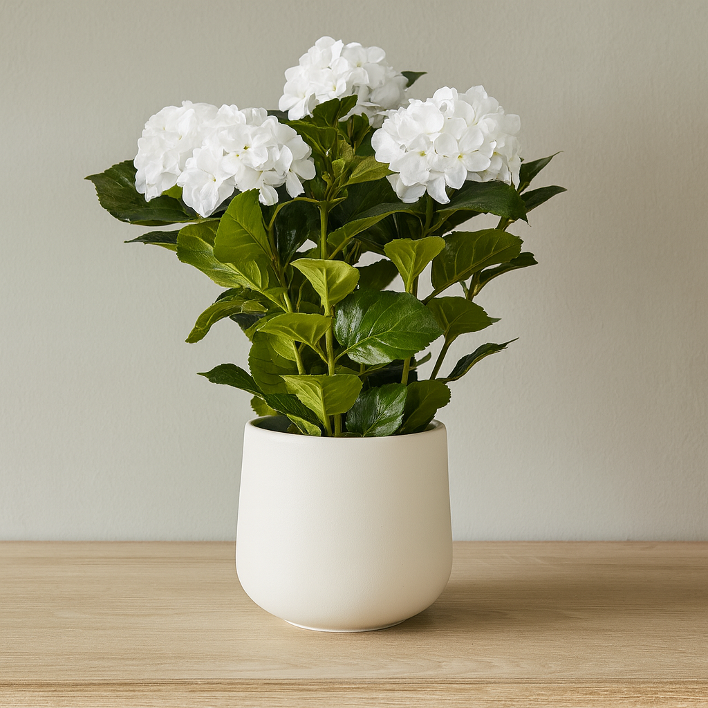 White Hydrangea Plant In Planter Pot