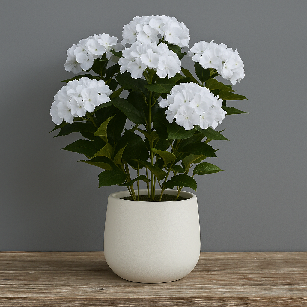 Large White Hydrangea Plant In Planter Pot